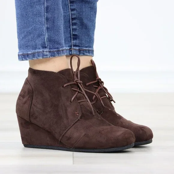 Brown Ankle Boots Wedge Heel Faux Suede Round Toe Lace Up - Picture 3 of 15